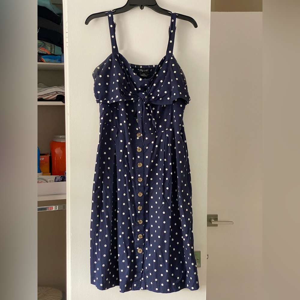 City Chic Tie Front Navy Blue & White Polka Dot Dress